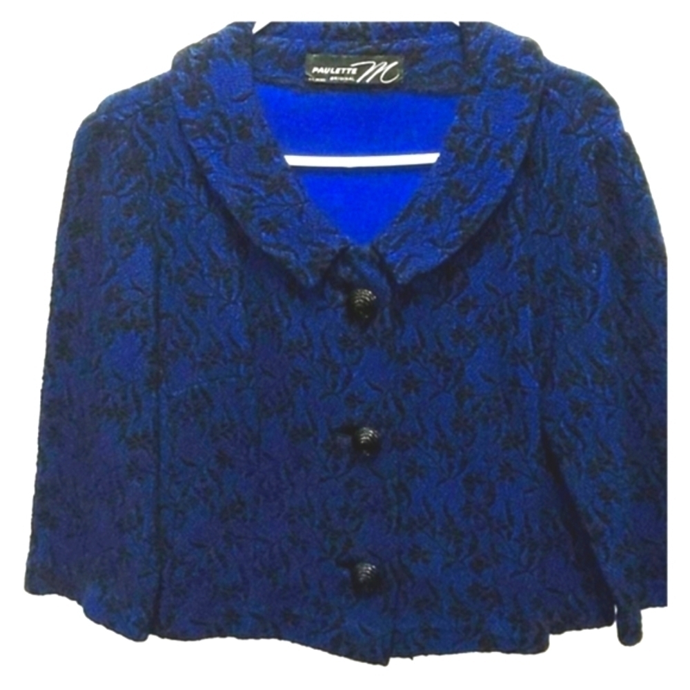 Vintage suit jacket blazer by Paulette 1960's blue black waist coat Jacquard